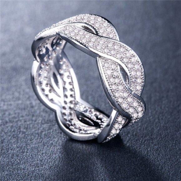 "Wave Crystal Zircon Romantic Iced Out Silver Plated Diamond Ring, UNVN12359 - Picture 1 of 2